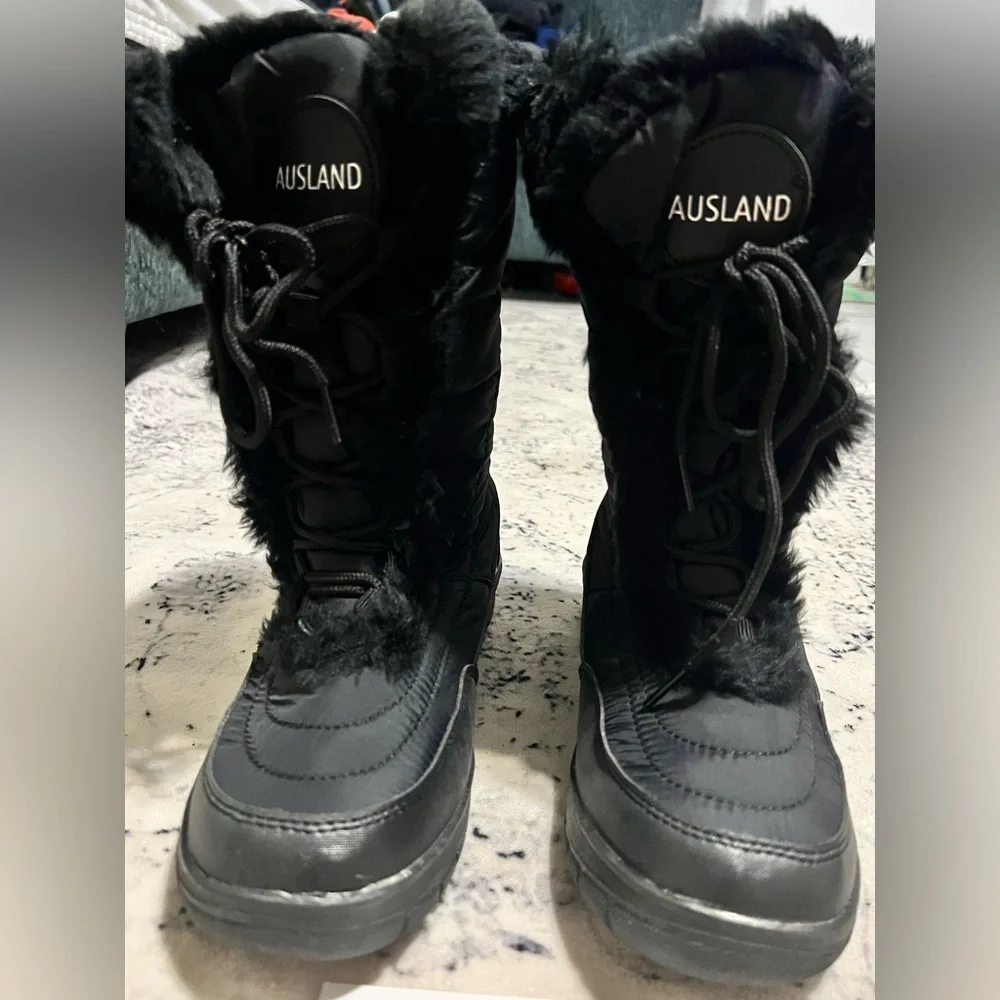 AUSLAND Women's Black Winter Snow Mid-Calf Waterproof LaceUp Boots-Black 7.5 9.5